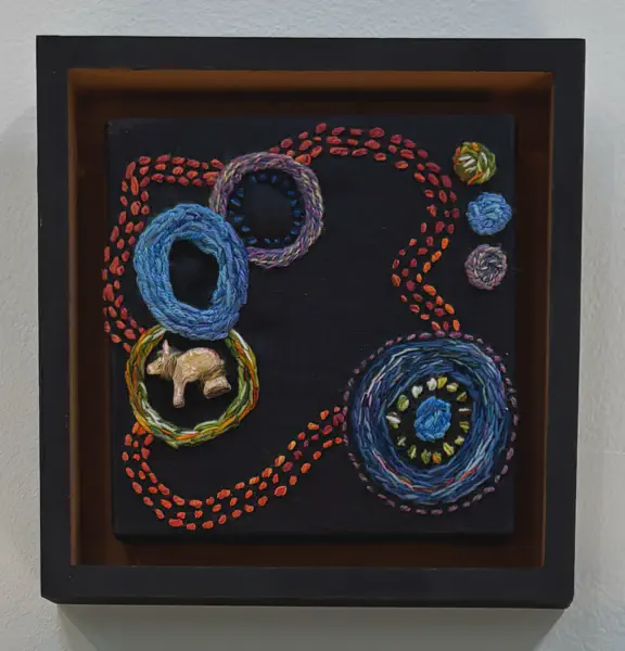 Planetary<br/>
Dimensions: 14 X 16<br/>
Media: Embroidery on Linen<br/>
Price: $350<br/>
Date Created: 2025