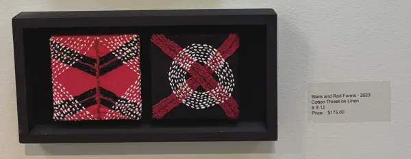 Black and Red forms<br/>
Dimensions: 14 X 16<br/>
Media: Embroidery on Linen<br/>
Price: $350<br/>
Date Created: 2025