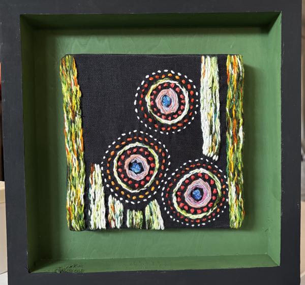 Bamboo Orbs<br/>
Dimensions: 10 x 12<br/>
Media: Embroidery on Linen<br/>
Date Created: 2025